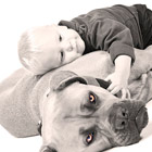 Kinderfoto: Junge liegt auf Hund